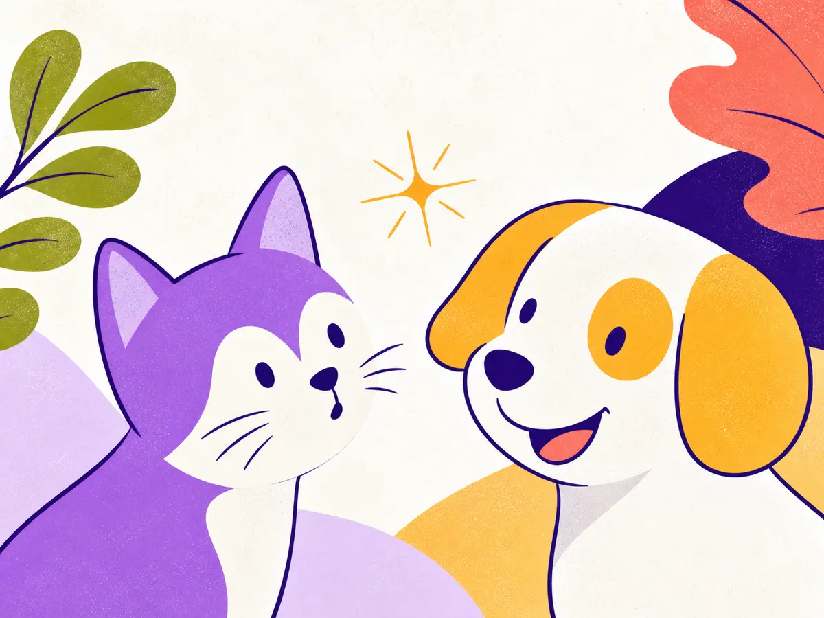A conceptual cartoon Digital Pet Companion shown as a playful cat and dog.